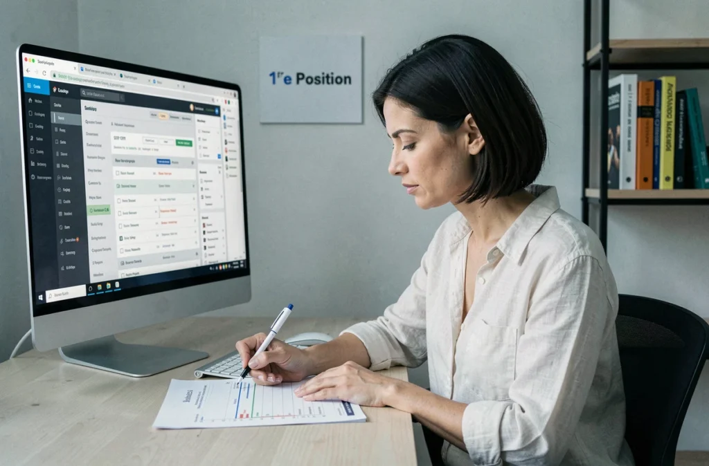 Consultante de 1re Position annotant un calendrier de classement sur papier dans un bureau d'agence minimaliste