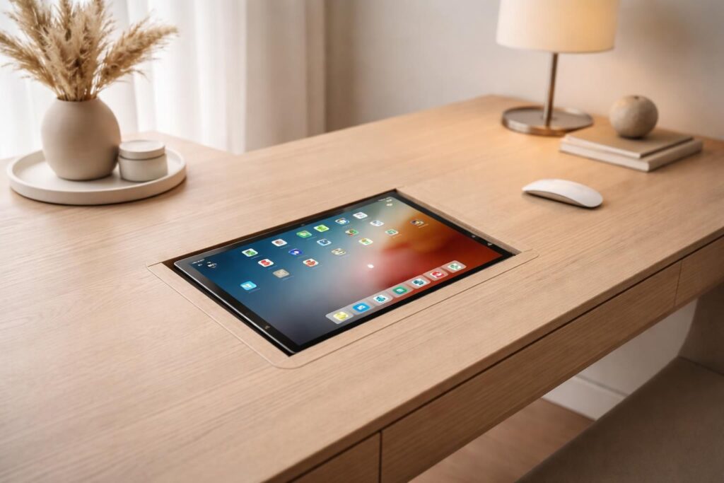 découvrez comment intégrer un ipad au mobilier de bureau avec un aménagement optimisé, incluant des câbles invisibles pour un espace de travail esthétique et fonctionnel.