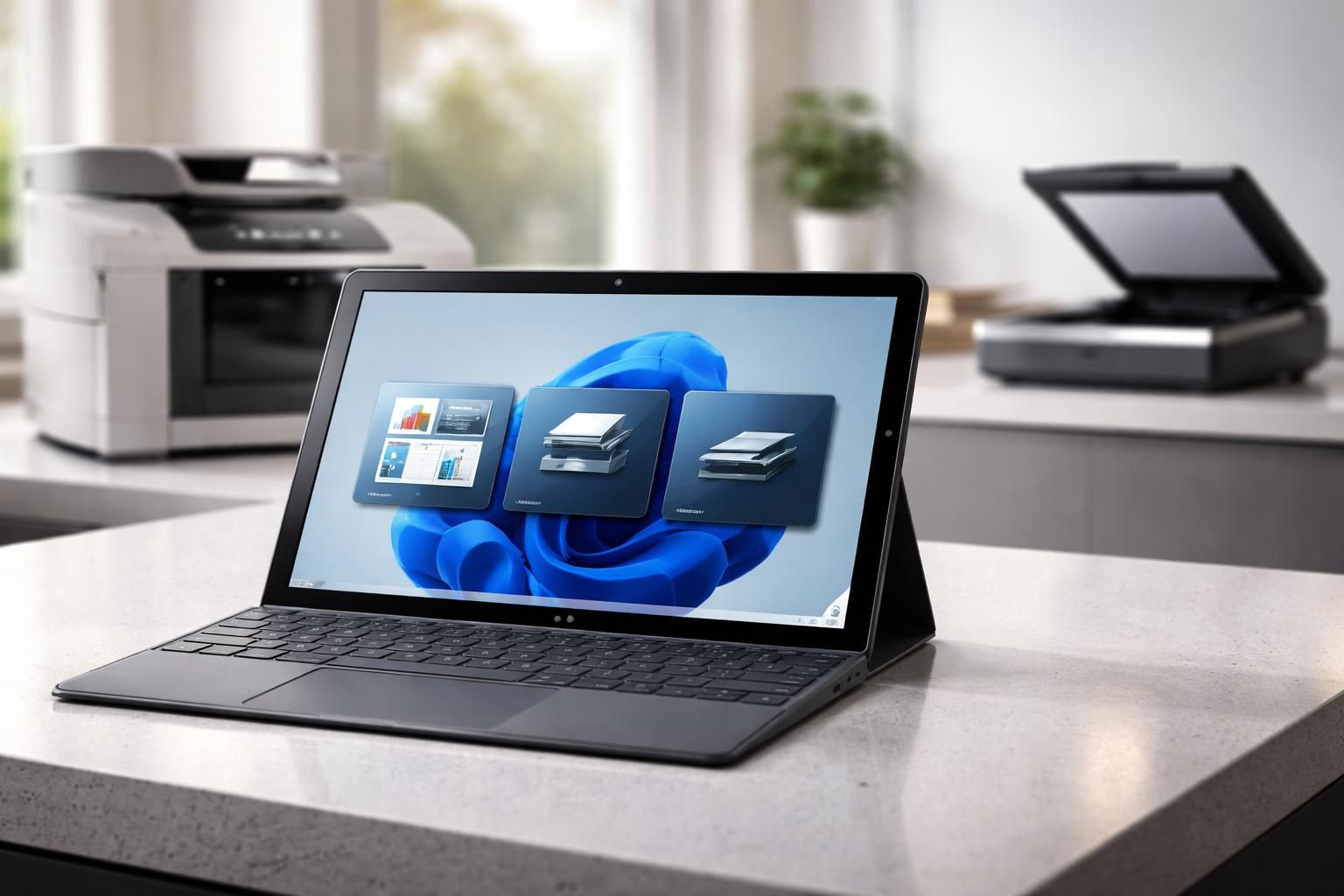 découvrez une tablette windows innovante en accueil intégrant crm, imprimante et scanner pour un comptoir autonome et efficace.