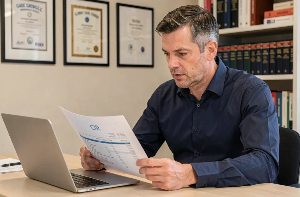Expert-comptable spécialiste CIR et JEI analysant un dossier fiscal dans un bureau professionnel à Grenoble