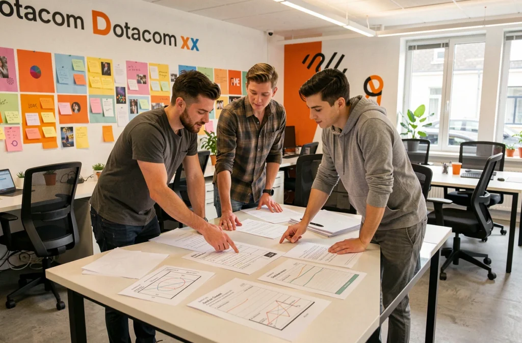 Équipe créative de l'agence Dotacom en session de travail autour de plans SEO et de contenus dans leur open space à Rennes
