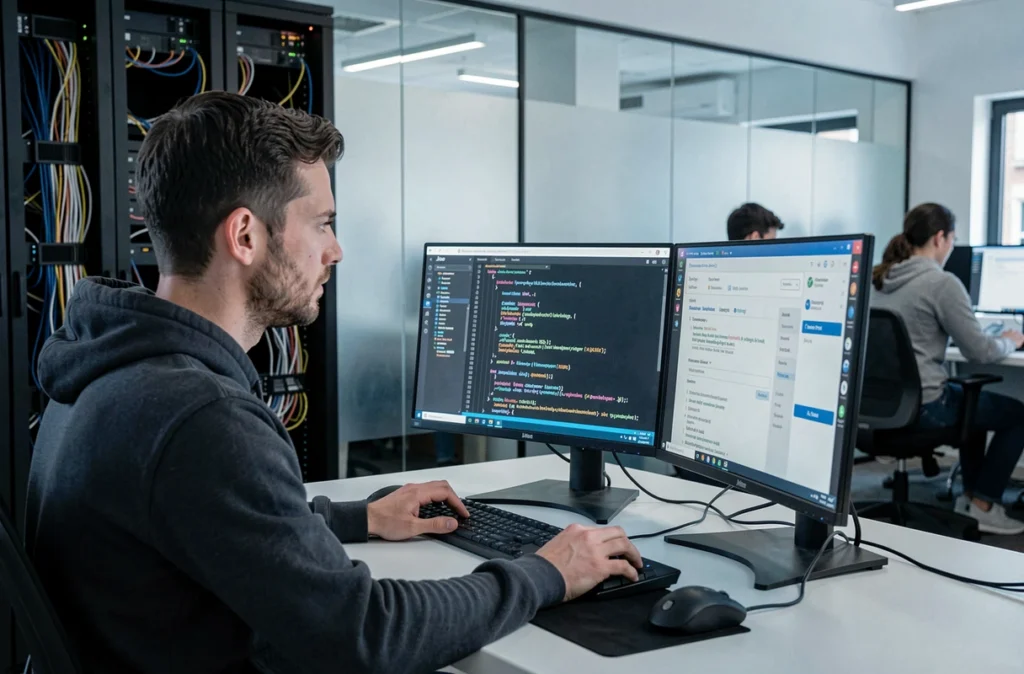 Développeur SEO de l'agence Jloo configurant des éléments techniques de référencement dans leurs bureaux à Rennes