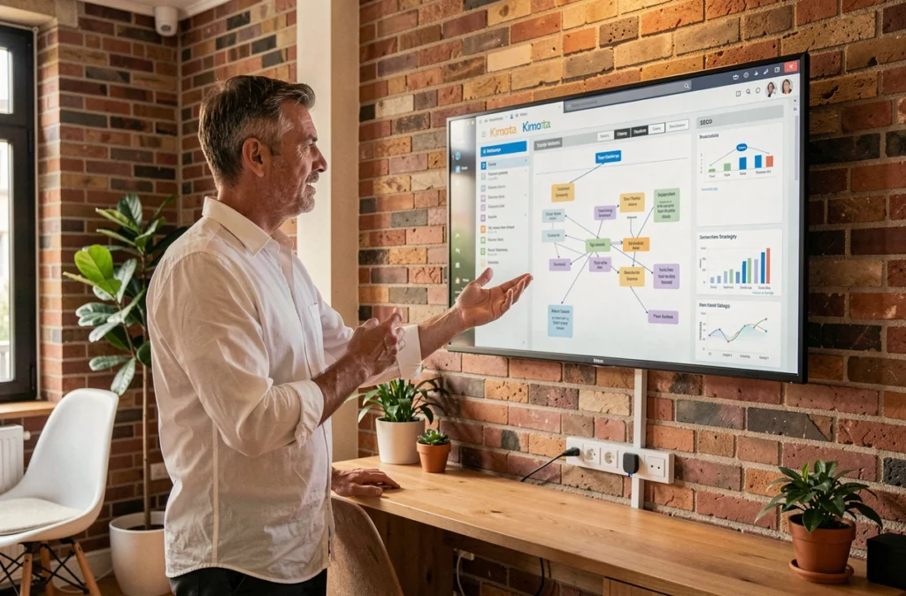 Stratège digital de l'agence Kimota présentant une stratégie de contenu SEO devant un écran mural à Rennes