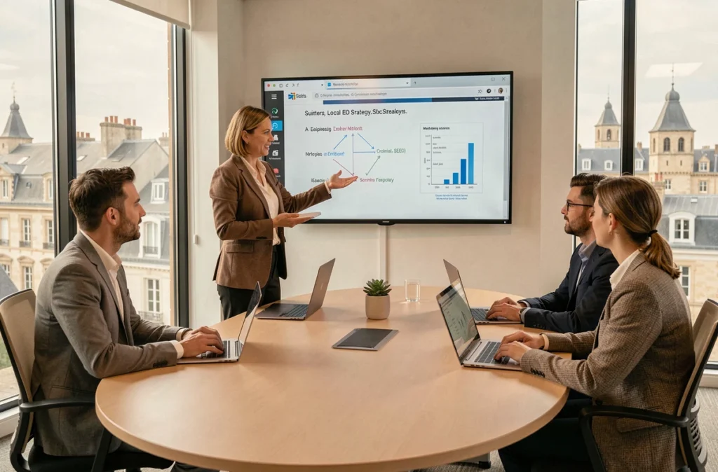 Consultante de l'Agence SEO Poitiers présentant une stratégie de référencement local à une équipe en salle de réunion