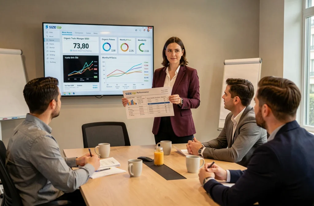 Chef de projet SEO de l'agence Size Up présentant un rapport de performance lors d'une réunion client à Rennes