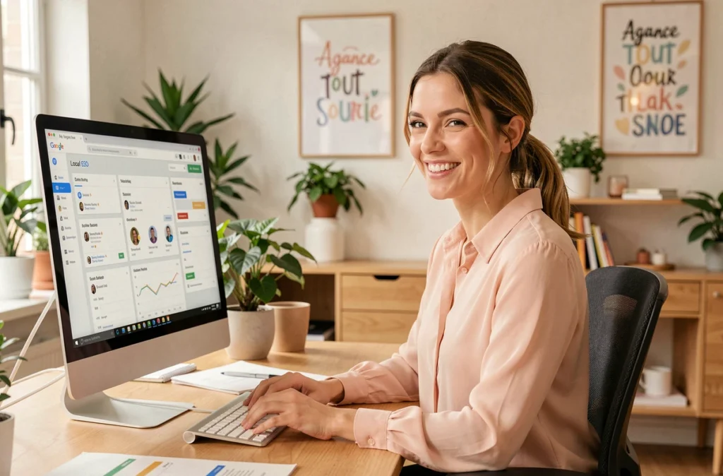 Spécialiste SEO souriante de l'Agence Tout Sourire travaillant sur une campagne de référencement local à Rennes