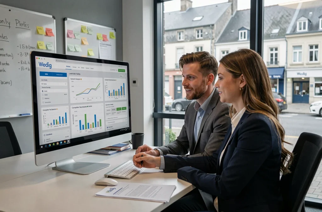 Équipe de l'agence Wedig collaborant sur des rapports de visibilité locale dans leurs bureaux à Rennes