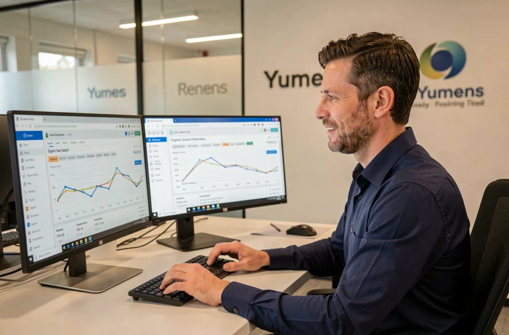 Consultant SEO de l'agence Yumens analysant des rapports de performance organique sur écrans doubles à Rennes