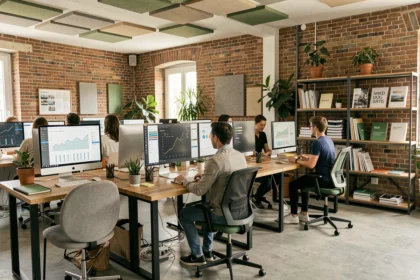 Bureau d'une agence SEO moderne dans la Vienne avec des professionnels travaillant sur des tableaux de bord d'analyse numérique