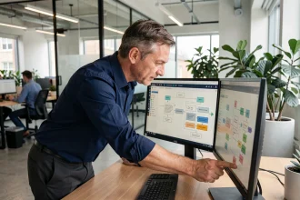 Analyste d'affaires examinant des schémas d'intégration de données B2B sur double écran dans un open space moderne