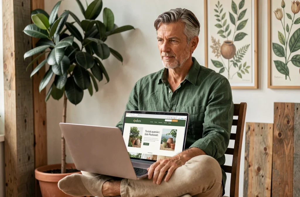 Designer de l'agence Arboréal travaillant sur un site web aux visuels naturels et organiques