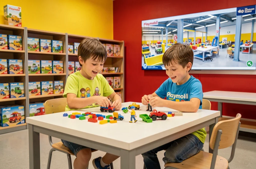 Deux enfants assemblant des figurines Playmobil lors d'un atelier participatif dans l'espace visiteurs de l'usine