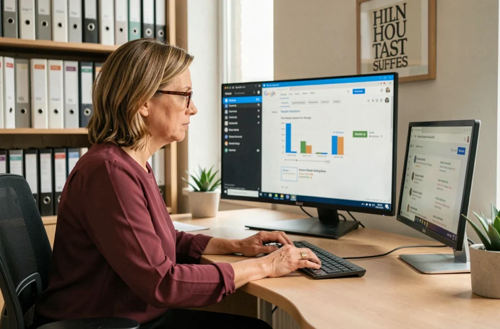 Analyste web d'Axenet examinant un rapport Google Analytics détaillé sur grand écran dans un bureau d'agence