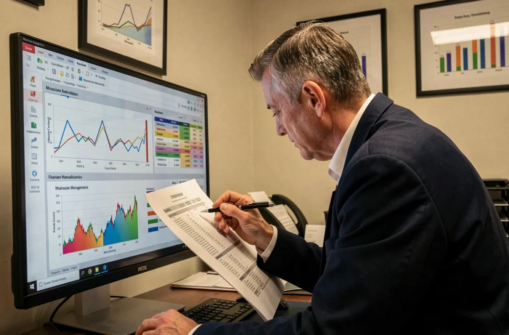 Expert-comptable de Cik Finance analysant des projections de gestion financière sur un écran de bureau
