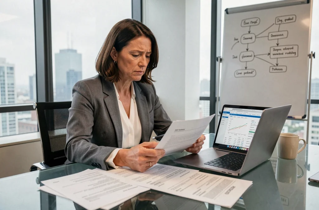 Femme d'affaires comparant des documents EDI et un tableau de bord logistique en salle de réunion avec vue urbaine