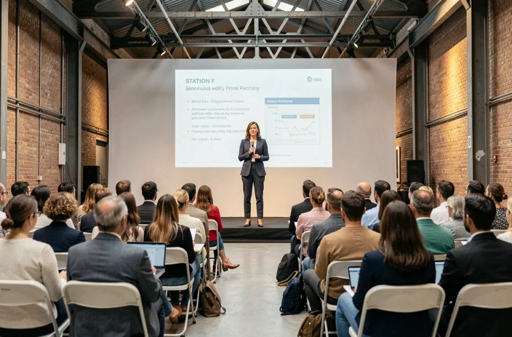 Conférencière prenant la parole sur scène lors d'une conférence startup à Station F Paris, devant un public attentif