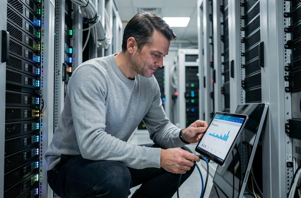 Consultant informatique connectant des câbles dans une salle serveurs et supervisant l'avancement d'une migration vers Gestion Strator neo sur tablette
