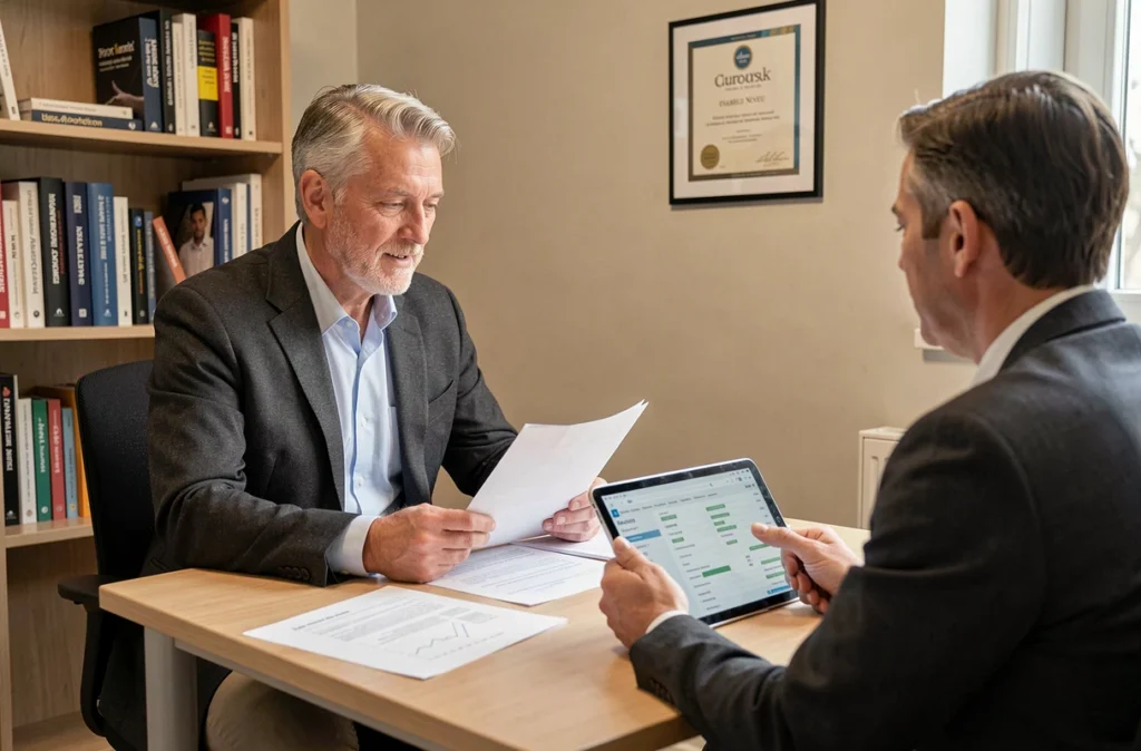 Charles Neveu, consultant SEO expérimenté, en réunion stratégique avec un client dans son bureau à Rennes