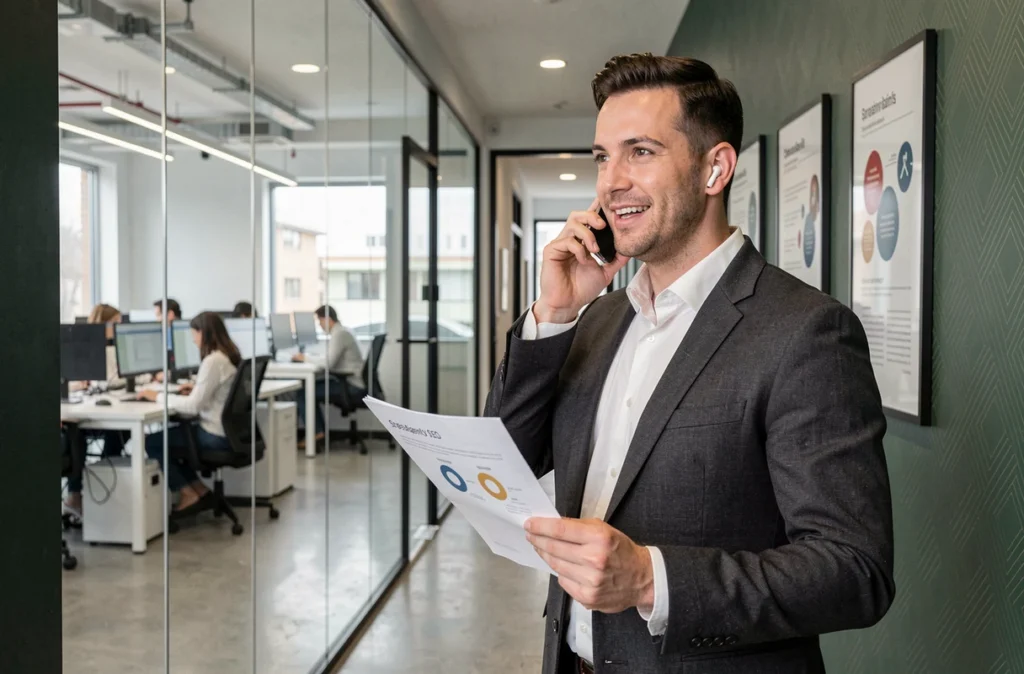Responsable de compte SEO de Digimood en conversation dans le couloir moderne d'une agence numérique