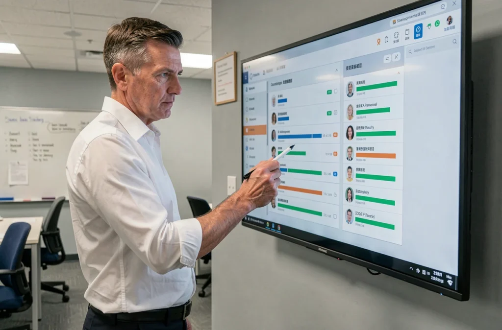 Directeur pédagogique analysant le tableau de bord Elgeaweb pour le suivi des élèves jusqu'à l'examen dans une salle d'administration scolaire