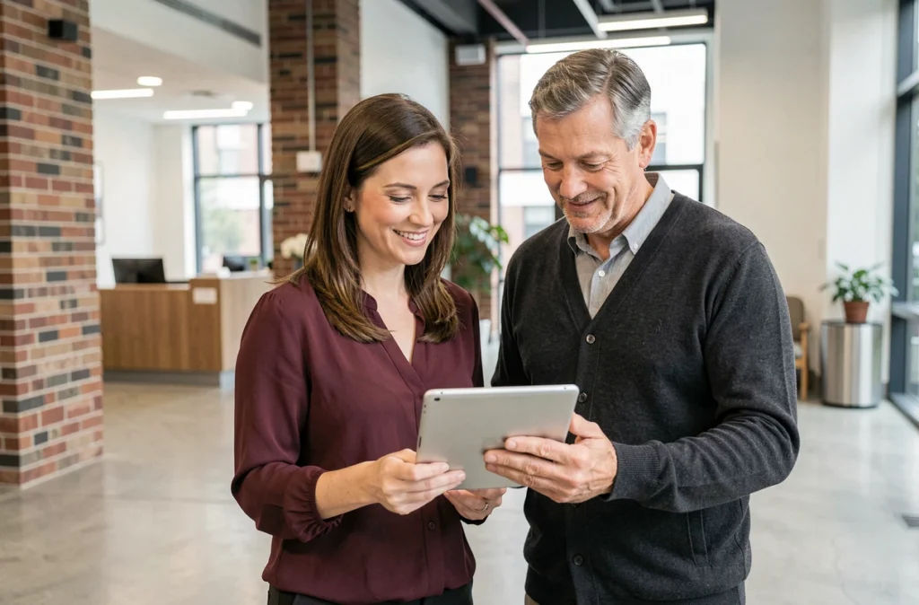 Deux professionnels consultant ensemble les avis d'une plateforme de mise en relation dans un lobby d'entreprise moderne