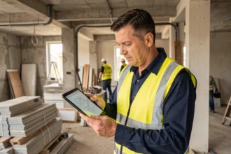 Électricien du bâtiment consultant une application professionnelle BTP sur tablette sur chantier de construction