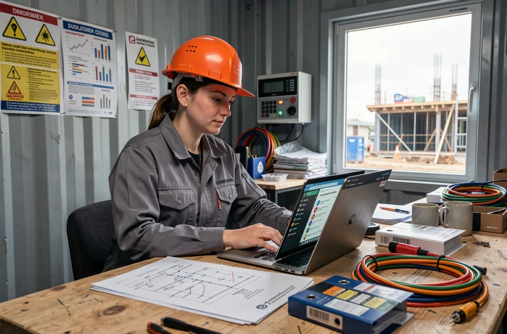 Électricienne utilisant une plateforme professionnelle en ligne dans un bureau de chantier BTP