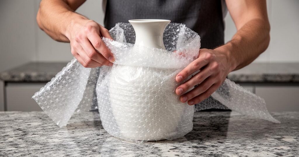 Protection d’un vase avec du papier bulle