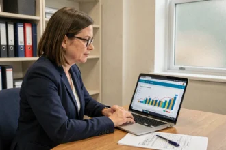 Enseignante consultant le suivi de parcours élève sur le logiciel Elgeaweb dans un bureau scolaire moderne