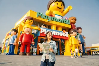 Femme souriante devant l'entrée colorée de l'usine Playmobil avec figurines géantes et signalétique officielle