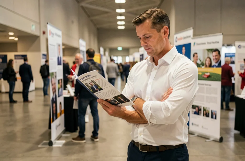 Entrepreneur consultant le programme de l'événement Lesentreprisesfrenchy 2026 sur son stand