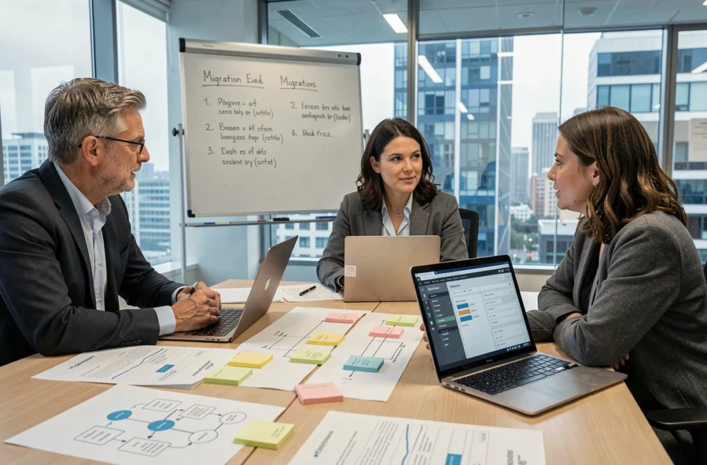 Équipe de professionnels planifiant une migration vers Gestion Strator neo autour d'une table de réunion avec des schémas et ordinateurs portables