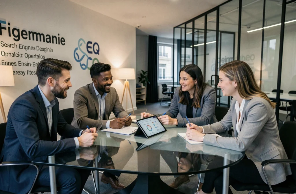 Équipe Eskimoz réunie autour d'une table en verre discutant d'une feuille de route SEO sur tablette en agence moderne