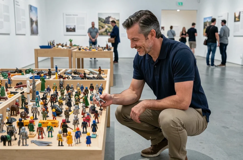Visiteur adulte examinant des figurines Playmobil exposées dans la galerie intérieure de l'usine