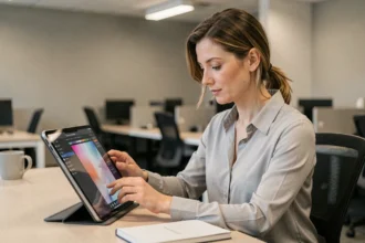 Femme en bureau configurant son compte Hr4you Auchan sur une tablette posée sur un support de bureau
