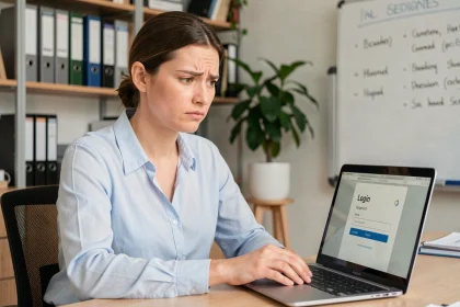 Femme devant un ordinateur portable avec une page de connexion intranet MFR affichant un mot de passe oublié