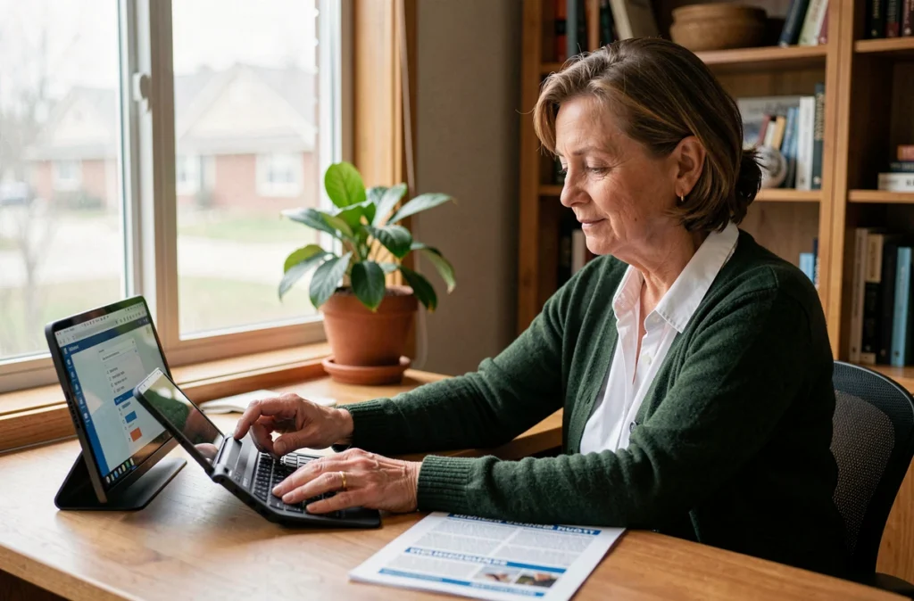 Femme à son bureau à domicile consultant les réglages de son compte Hr4you Auchan sur tablette avec un guide imprimé