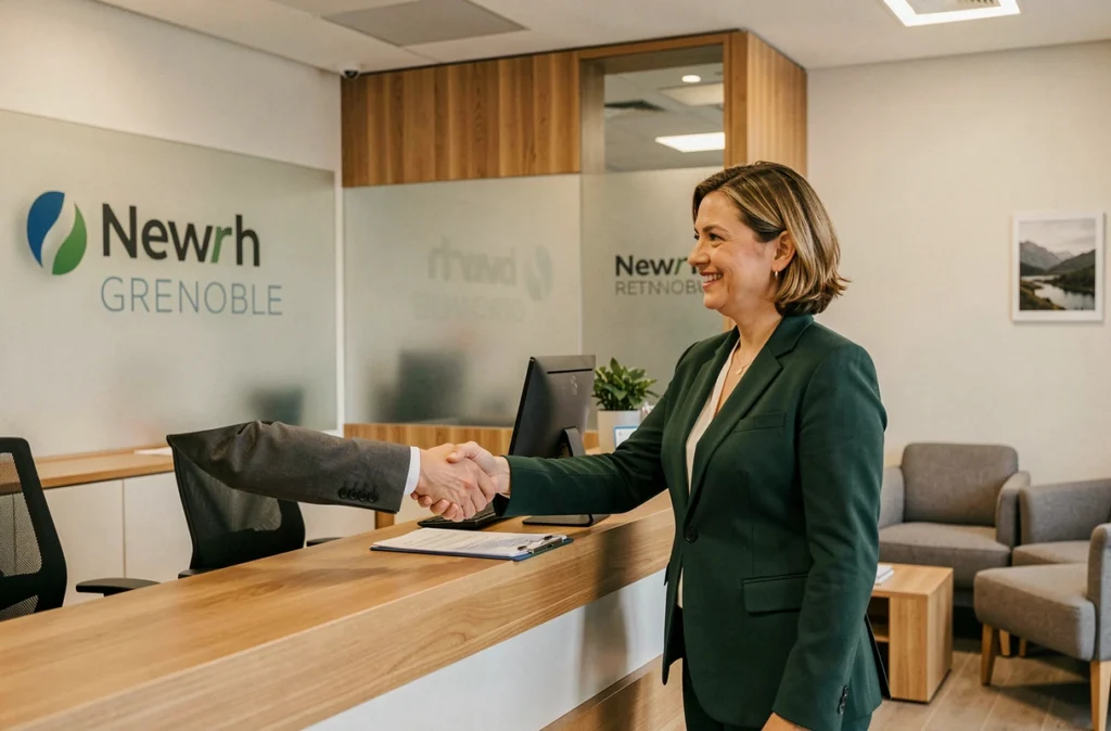 Experte-comptable de Fiduxia accueillant un client dans les locaux du réseau d'expertise comptable à Grenoble