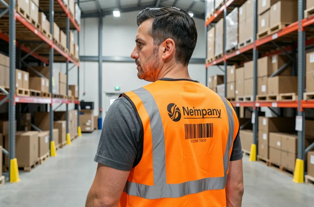 Employé logistique portant un gilet fluo orange personnalisé avec logo imprimé dans un entrepôt professionnel