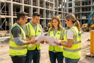 Groupe d'ouvriers portant des gilets fluos jaunes personnalisés avec logo sur un chantier de construction professionnel