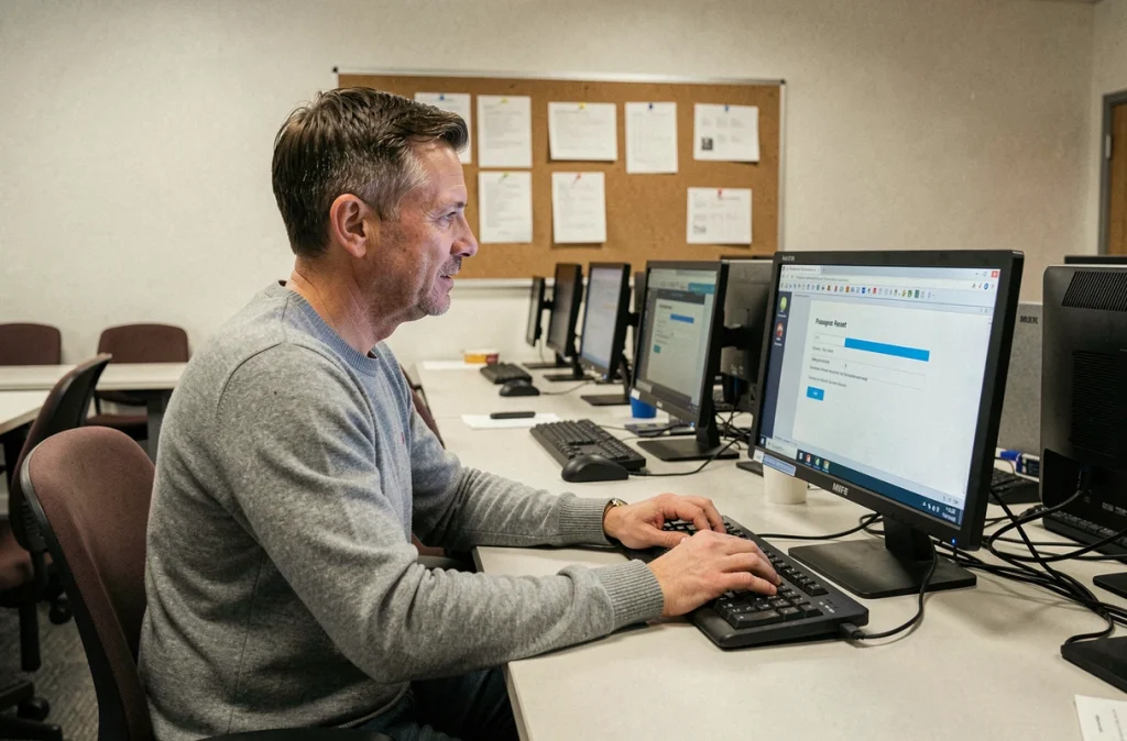 Homme utilisant un poste informatique dans un centre de formation MFR pour récupérer l'accès à son compte intranet