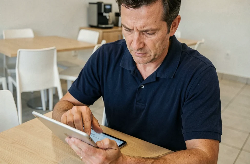 Homme en salle de pause accédant à son espace personnel Hr4you Auchan depuis une tablette