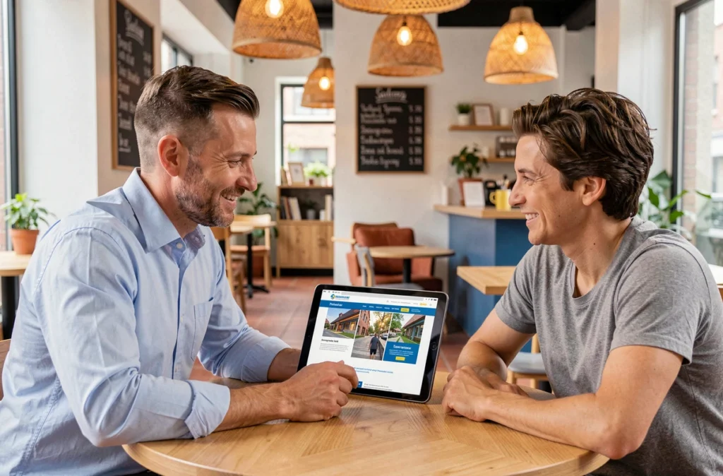 Consultant d'Insite Web présentant une proposition de site internet à un client local