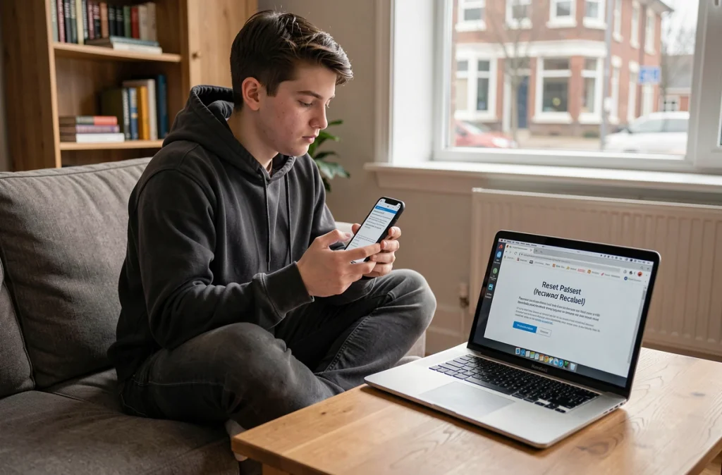Jeune adulte consultant un email de réinitialisation de mot de passe intranet MFR sur smartphone depuis son domicile
