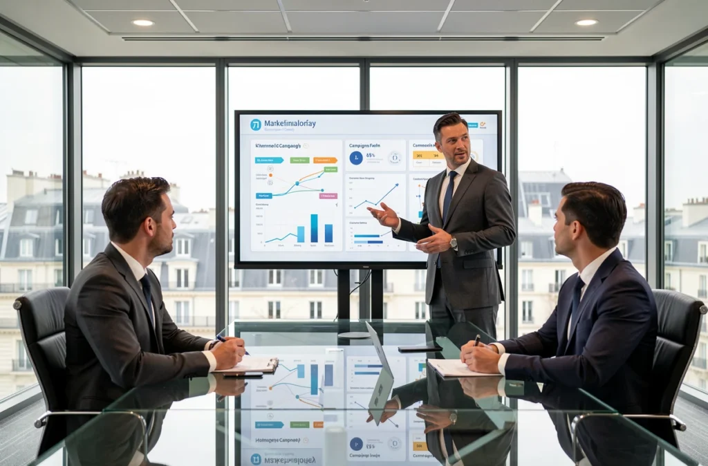 Consultant en marketing digital présentant une stratégie SEO grands comptes pour La Revanche des Sites lors d'une réunion d'affaires