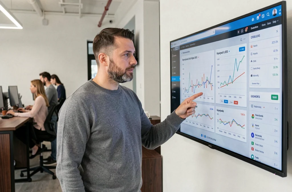 Consultant Linkweb analysant les performances SEO d'un site internet sur tableau de bord