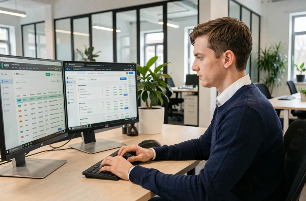 Lucas Kliminski, consultant SEO indépendant à Lille, travaillant sur des rapports de positionnement dans un espace de coworking moderne