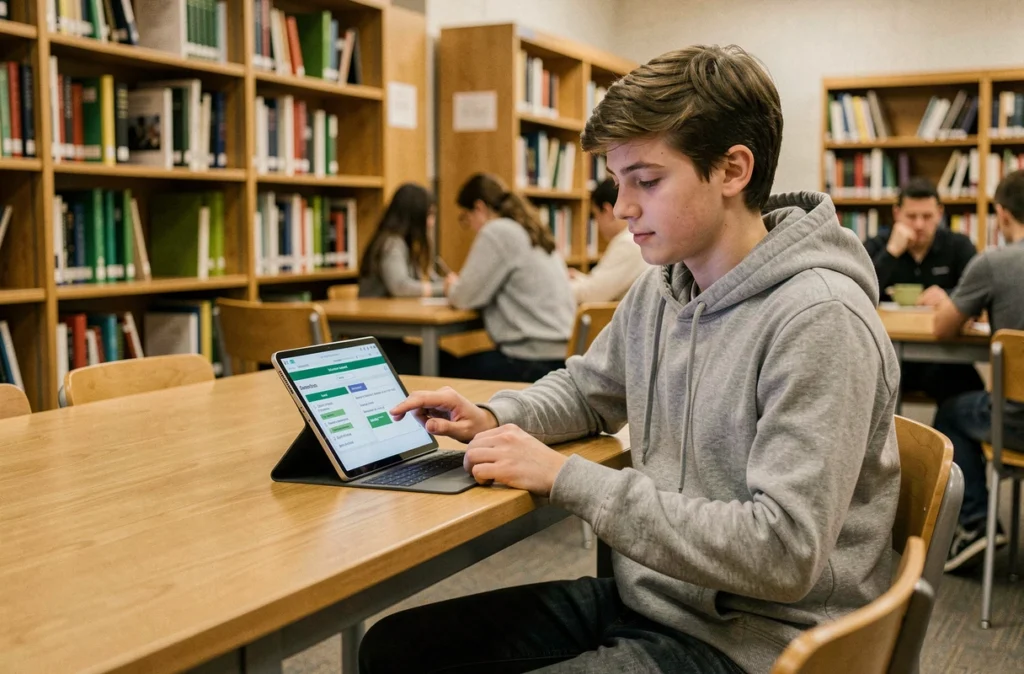 Lycéen consultant son suivi de parcours scolaire et ses résultats d'examen sur une tablette en bibliothèque