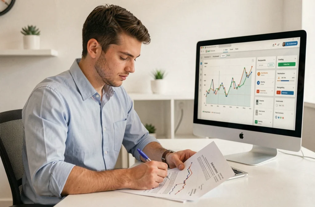 Maxime Augiat, consultant SEO à Lille, analysant un rapport d'audit SEO imprimé à son bureau dans un environnement de travail épuré
