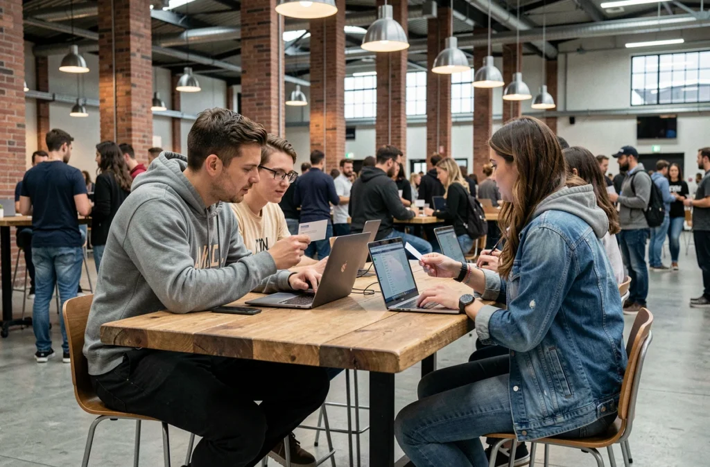 Participants à un meetup tech échangeant autour de leurs ordinateurs portables dans l'espace ouvert de Station F à Paris